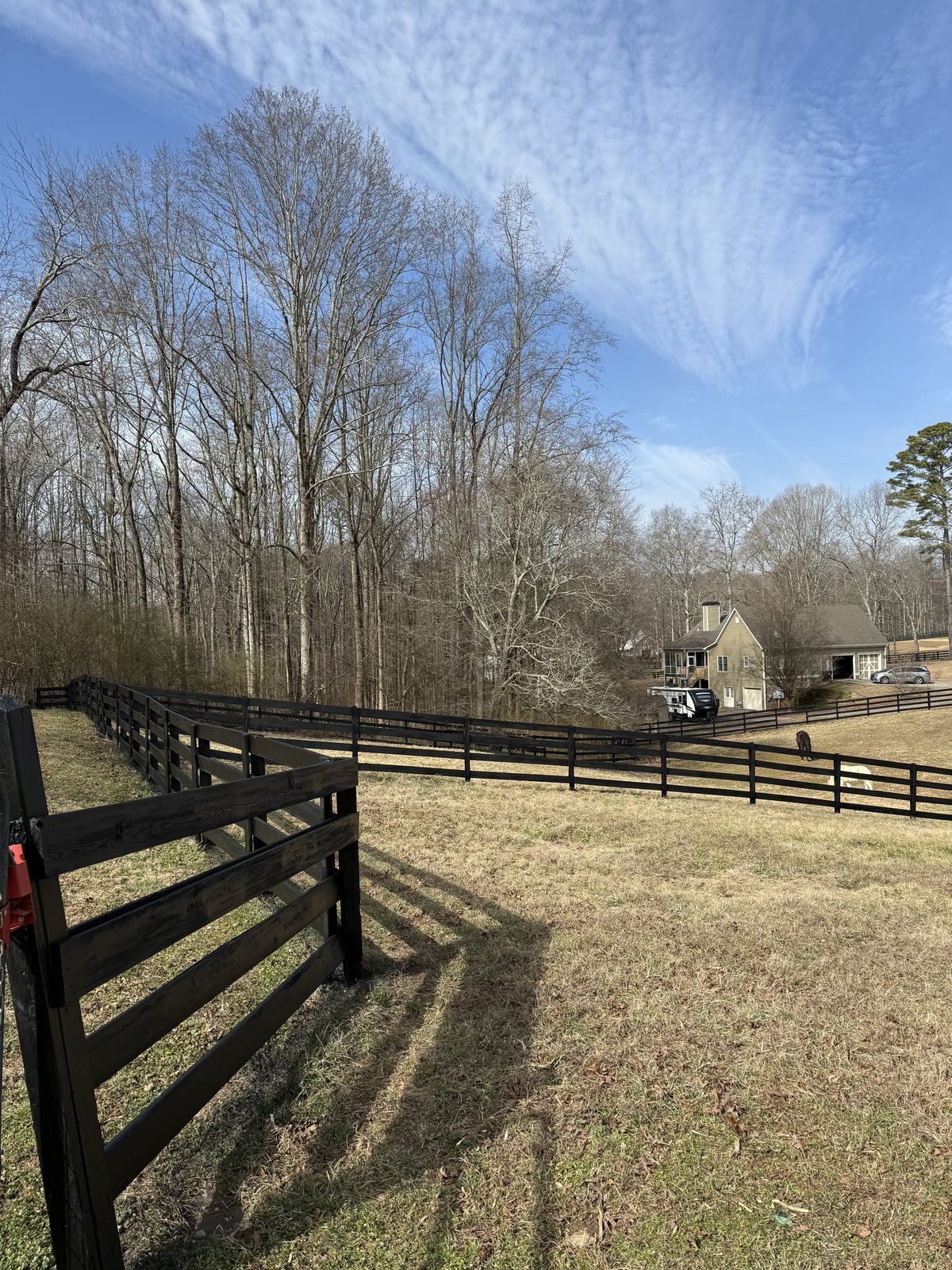 Tall black-stained privacy fence at the edge of a wooded property — Lou's Atlanta Painting